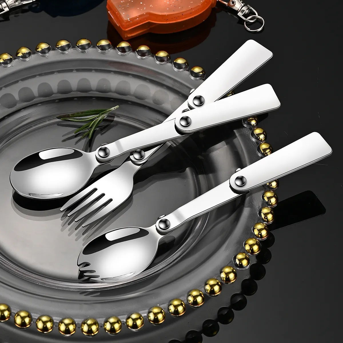 DINUO Stainless Steel Portable Picnic Spoon Fork Foldable Keychain Tableware JYDN-L-082