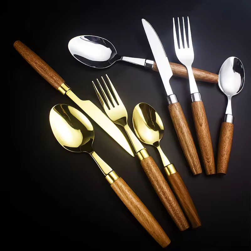 DINUOEco-friendly Wooden Handle Stainless Steel Cutlery Silver Gold Flatware SetJYDN-L-033