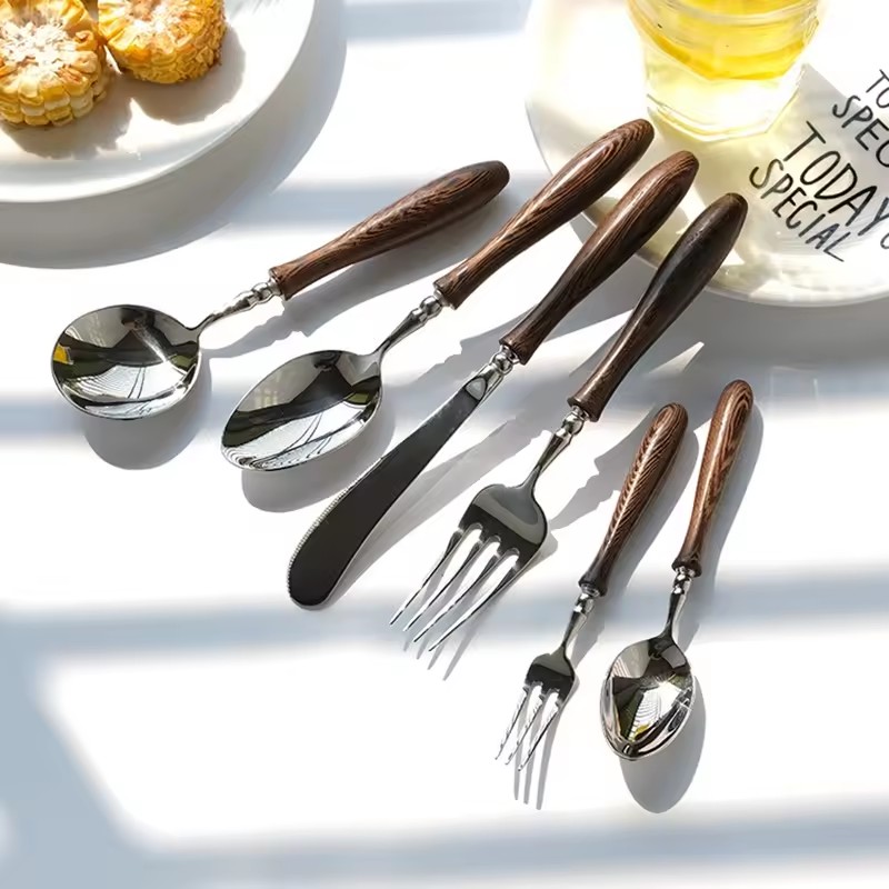 DINUO wooden handle Western fork knife spoon stainless steel tableware set JYDN-L-029