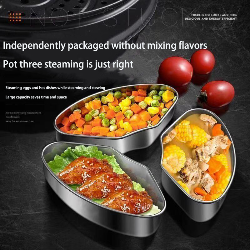 DINUO Stainless Steel Divided Steamed Plate Steamed Vegetables One Pot Three Steamed Box JYDN-L-246
