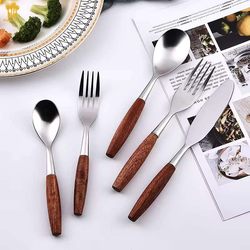 DINUO high-end wooden handle stainless steel silverware knife, fork, spoon set JYDN-L-038