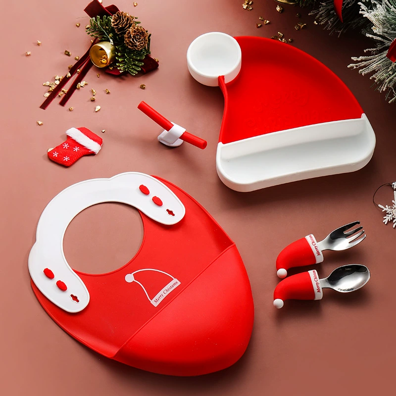 DINUO Christmas Silicone Baby Food Plate 304 Stainless Steel Fork Spoon Set JYDN-L-225