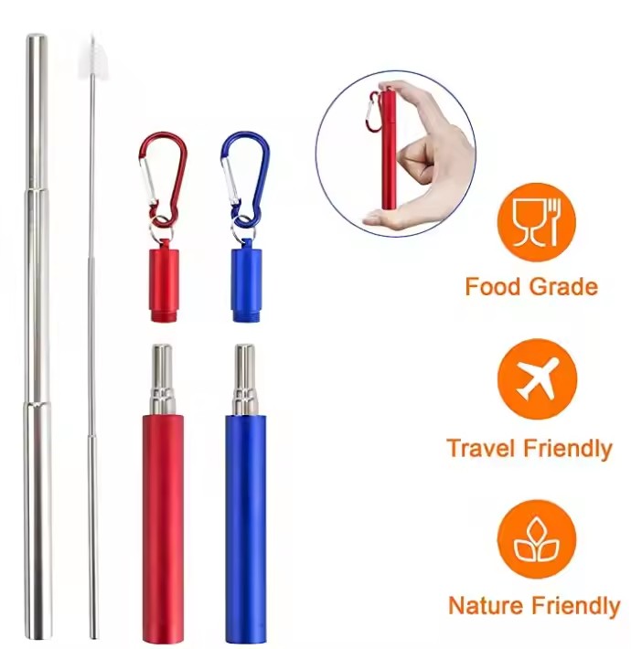 DINUO Portable Stainless Steel Telescopic Straw Flat Bottom Telescopic Aluminum Tube Set JYDN-L-174