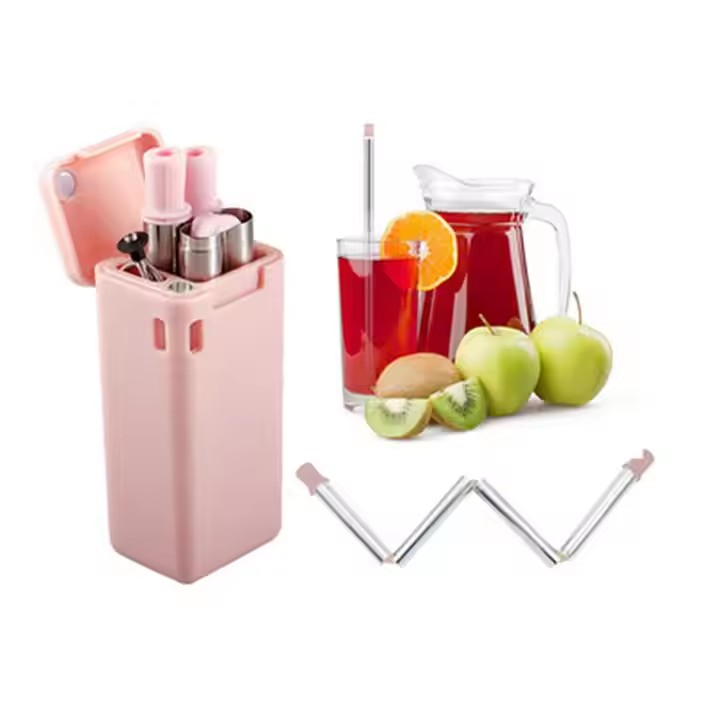 DINUO Metal Stainless Steel 304 Portable Foldable Straw with Cleaning Brush Plastic Box JYDN-L-186