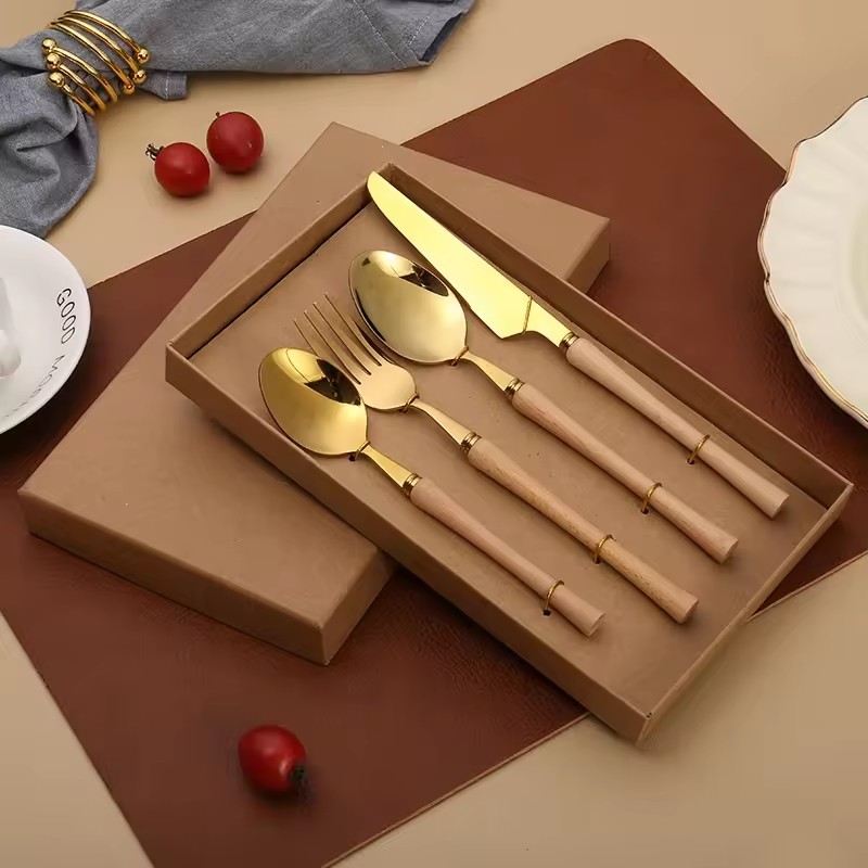DINUO wooden handle stainless steel knife, fork, spoon set Western tableware set JYDN-L-025