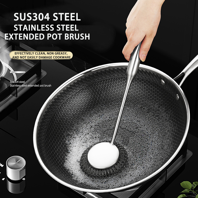 DINUO stainless steel brush pot kitchen specific long handled steel wire ball pot brush JYDN-L-195
