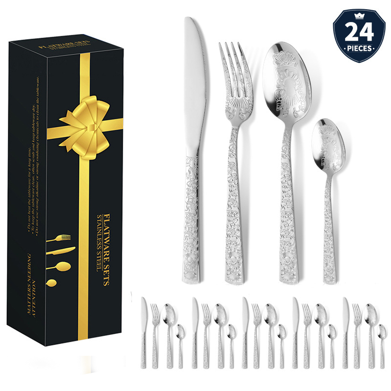 DINUO Totem Pattern 24 piece Stainless Steel Western style Beef Knife Fork Spoon Gift Set JYDN-L-214