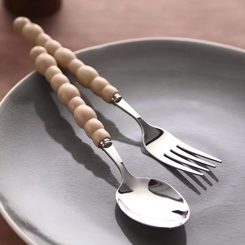 DINUO Stainless Steel Metal Knife, Fork, Spoon, Wooden Handle Pearl Tableware Set JYDN-L-032