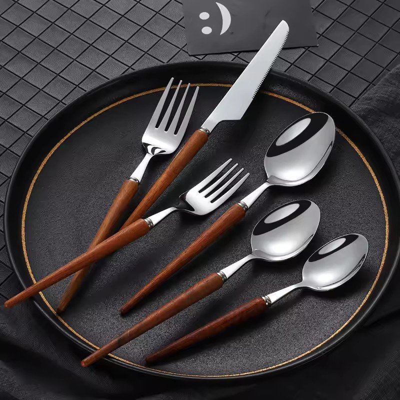 DINUO Wooden Handle Tableware Set Stainless Steel Knife, Fork, Spoon Western Tableware JYDN-L-026