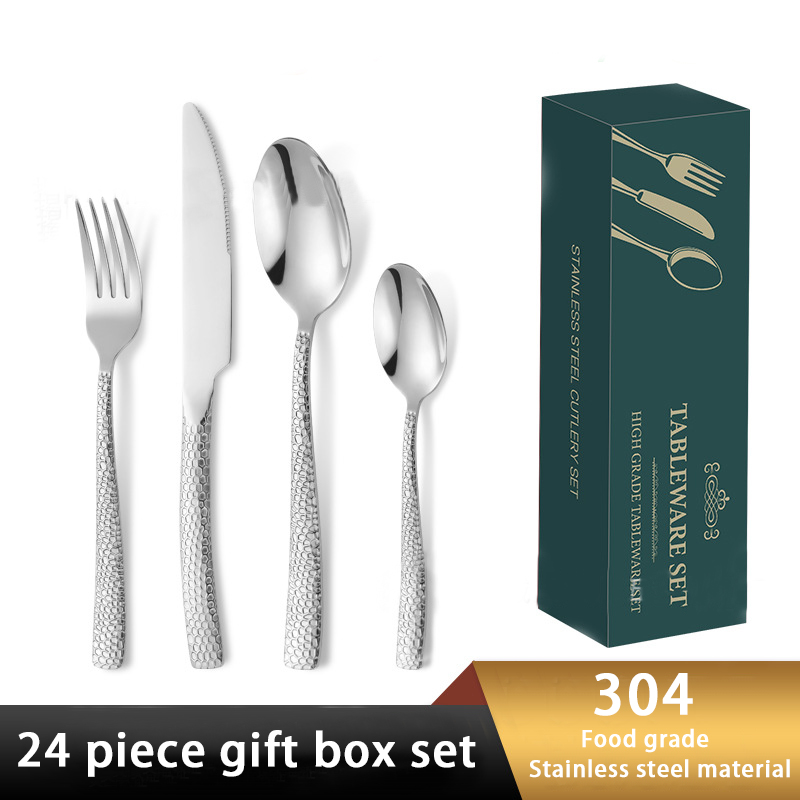 DINUO Hammer Pattern Stainless Steel Tableware Restaurant Hotel Western 24 Piece Gift Box JYDN-L-211