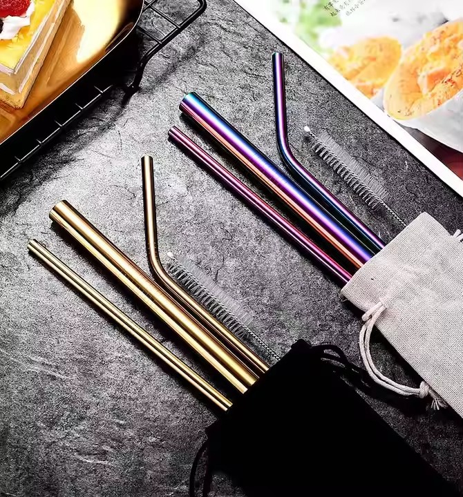 DINU Reusable Metal Straw Straight Bend Straw Cleaning Brush Stainless Steel Set JYDN-L-177